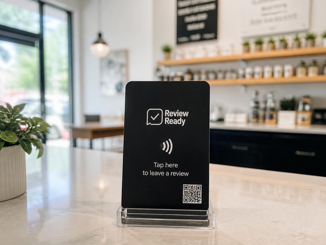 Review Ready Card on a local business front counter